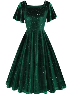 Best Retro Stage 1950s Velvet Sparkling Solid A-Line Dress