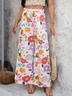 Online Retro Stage 1960s Vintage Colorful Print Wide-Leg Pants