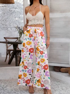 Online Retro Stage 1960s Vintage Colorful Print Wide-Leg Pants