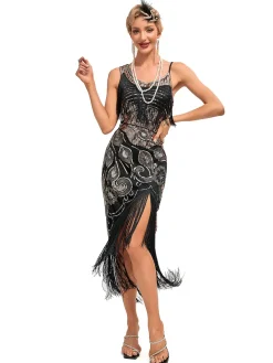 Clearance Retro Stage 1920s Vintage Fringe Sequined Midi Party Dress