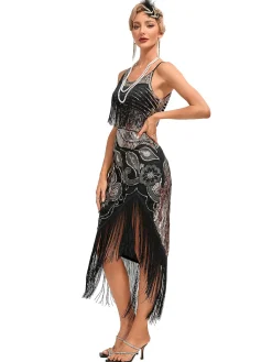 Clearance Retro Stage 1920s Vintage Fringe Sequined Midi Party Dress