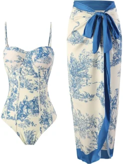 New Retro Stage 1960s Vintage Ink Floral Swimsuit & Cover-Up