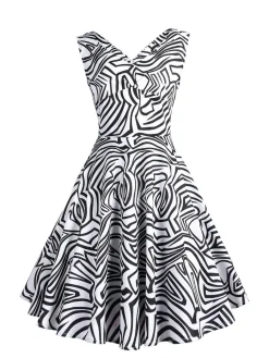 Hot Retro Stage 1950s V-Neck All Over Print Swing Dress