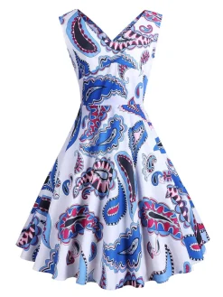 Hot Retro Stage 1950s V-Neck All Over Print Swing Dress