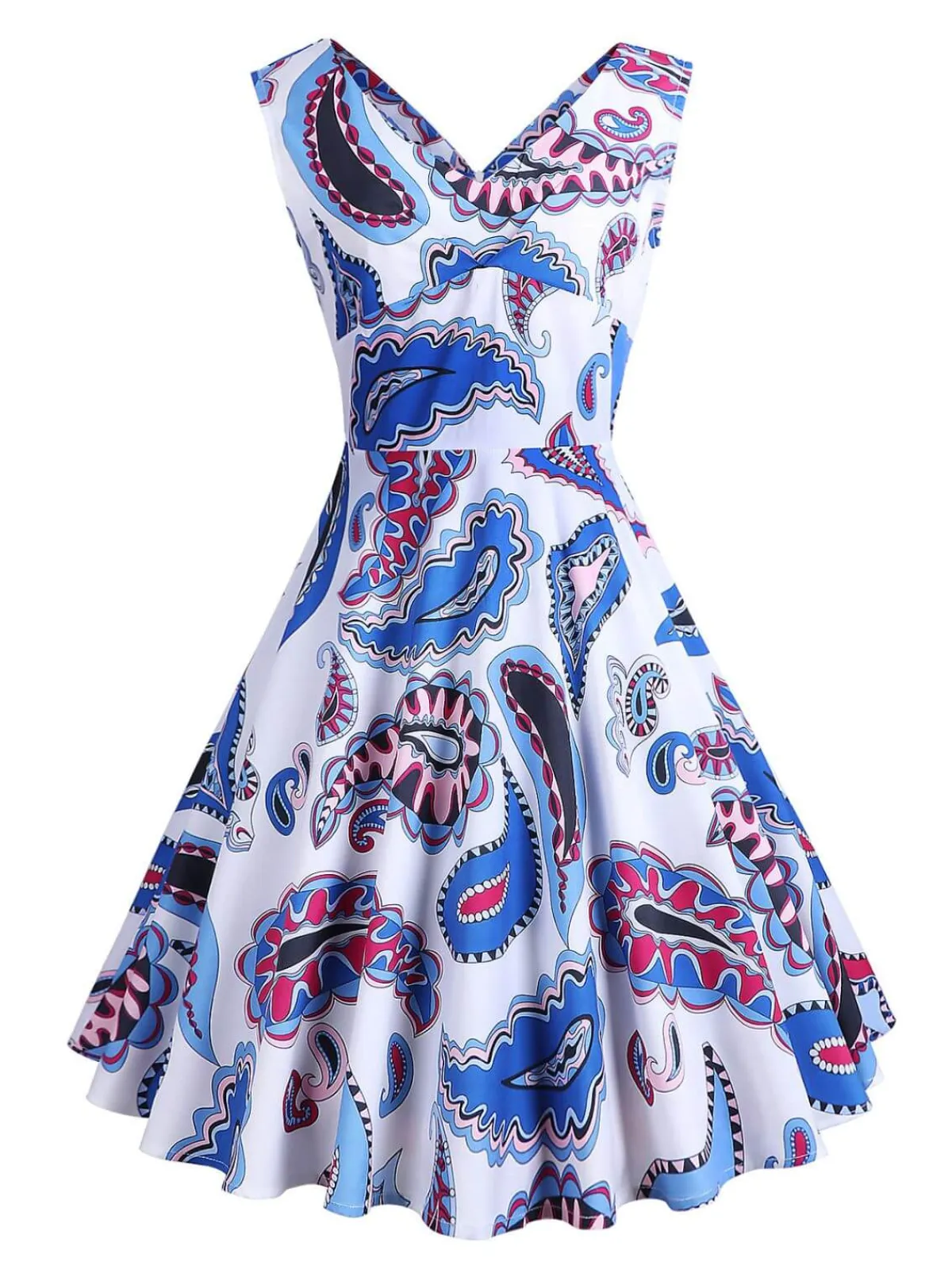 Hot Retro Stage 1950s V-Neck All Over Print Swing Dress