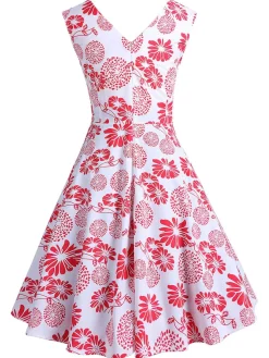 Hot Retro Stage 1950s V-Neck All Over Print Swing Dress