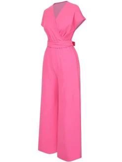 Best Retro Stage 1960s V-Neck Belted Solid Jumpsuit