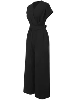 Best Retro Stage 1960s V-Neck Belted Solid Jumpsuit