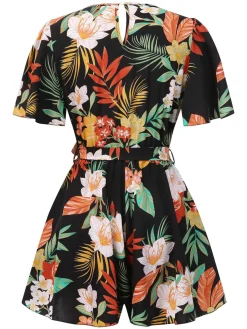 Clearance Retro Stage 1970s V-Neck Boho Floral Belted Romper Multicolor