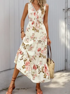New Retro Stage 1970s V-Neck Boho Roses Tiered Dress Ivory