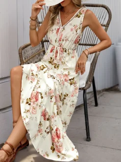 New Retro Stage 1970s V-Neck Boho Roses Tiered Dress Ivory
