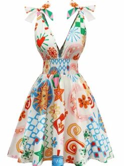 Hot Retro Stage 1970s V-Neck Boho Smocked Sleeveless Dress Multicolor