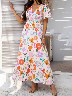 Hot Retro Stage 1970s V-Neck Boho Smocked-Waist Floral Dress