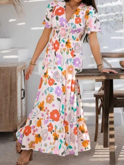 Hot Retro Stage 1970s V-Neck Boho Smocked-Waist Floral Dress