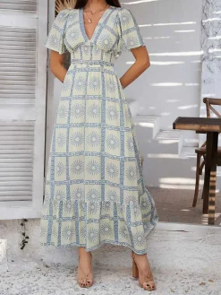 Hot Retro Stage 1970s V-Neck Boho Smocked-Waist Floral Dress