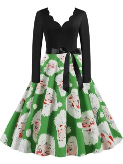 Online Retro Stage 1950s V-Neck Christmas Santa Belted Swing Dress Light Green