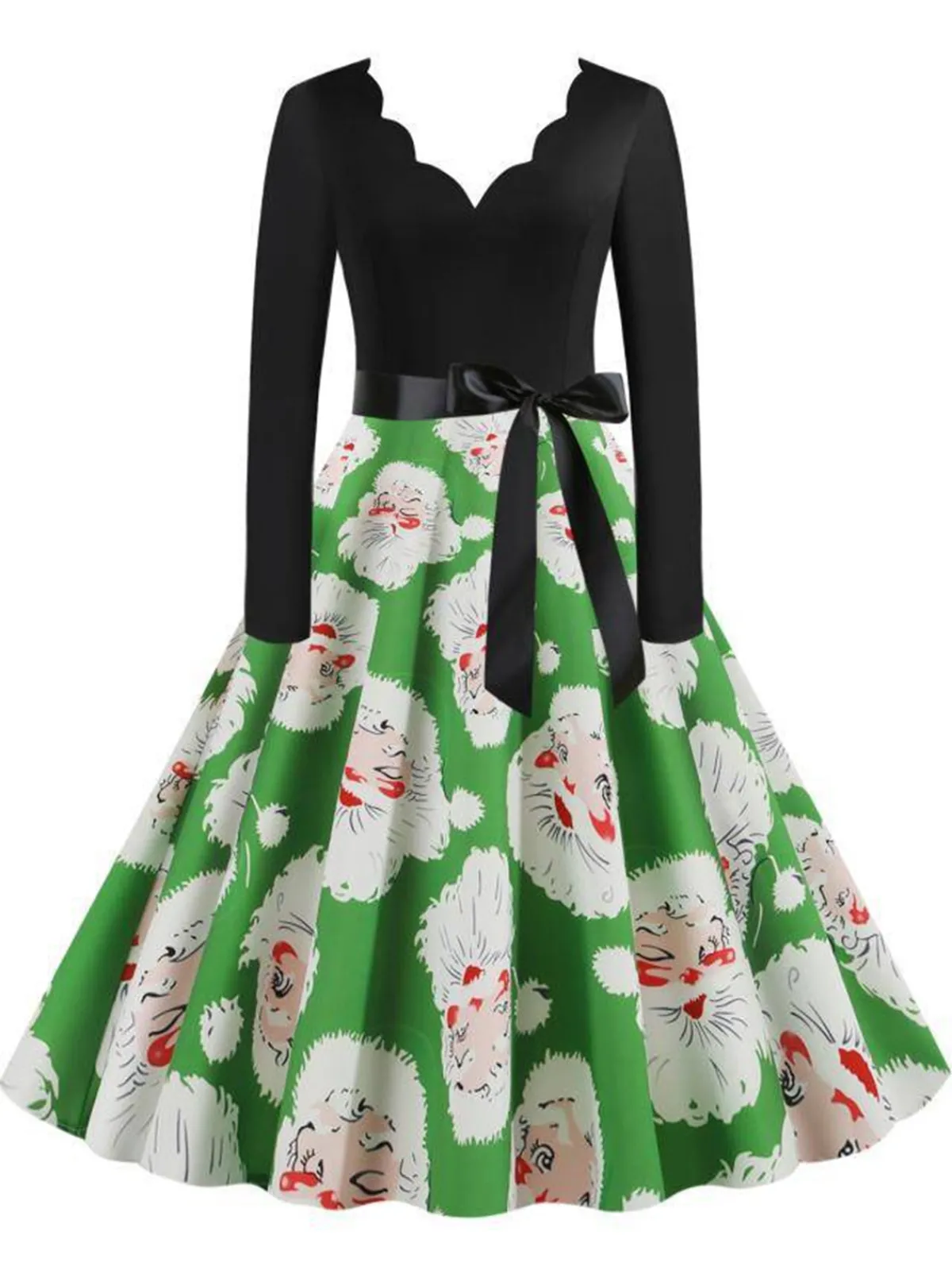 Online Retro Stage 1950s V-Neck Christmas Santa Belted Swing Dress Light Green