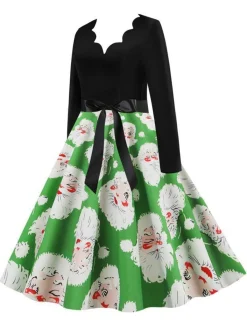 Online Retro Stage 1950s V-Neck Christmas Santa Belted Swing Dress Light Green