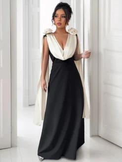 Fashion Retro Stage 1930s V-Neck Colorblock 3D Roses Cape Dress Black