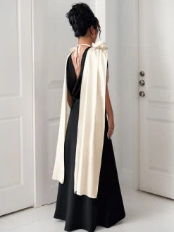 Fashion Retro Stage 1930s V-Neck Colorblock 3D Roses Cape Dress Black