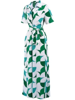 Outlet Retro Stage 1940s V-Neck Contrast Print Belted Jumpsuit Green
