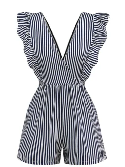 Clearance Retro Stage 1930s V-Neck Contrast Stripes Ruffles Romper Black