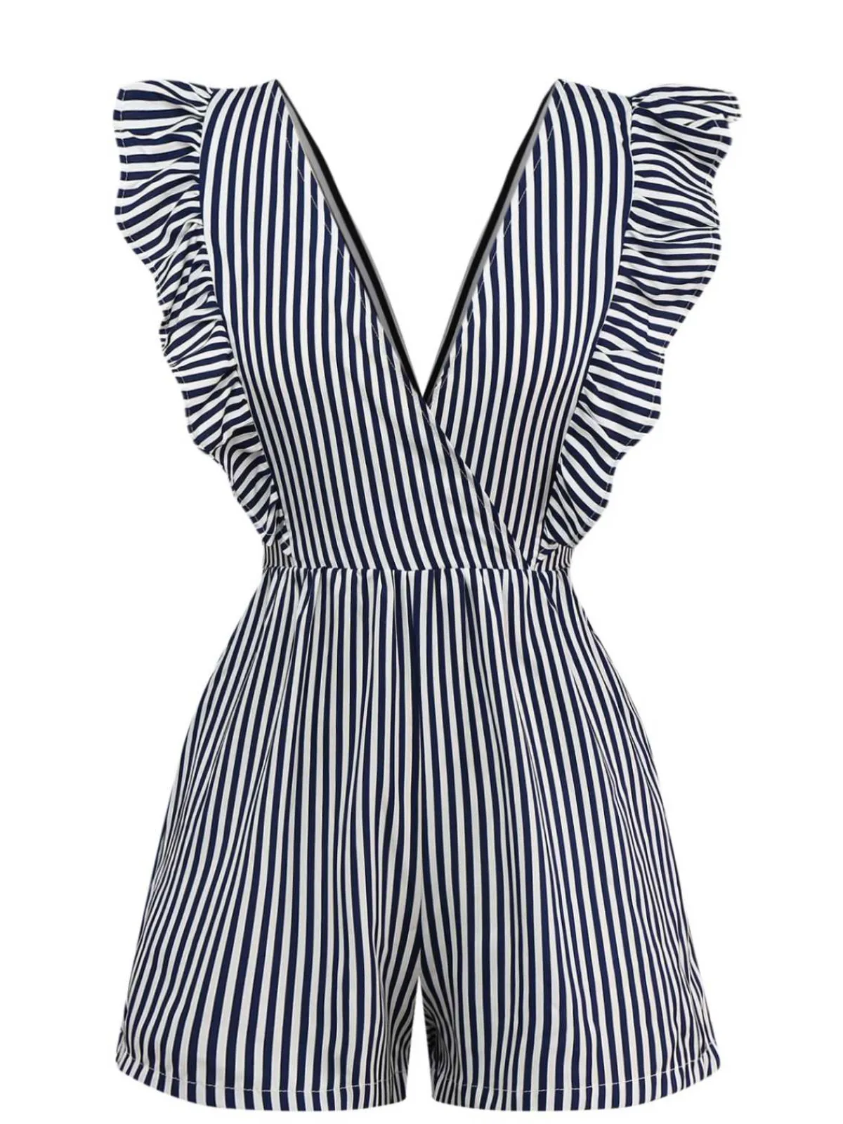 Clearance Retro Stage 1930s V-Neck Contrast Stripes Ruffles Romper Black