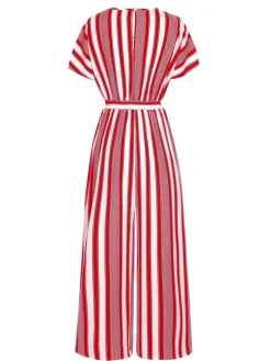 Sale Retro Stage 1970s V-Neck Contrast Stripes Jumpsuit