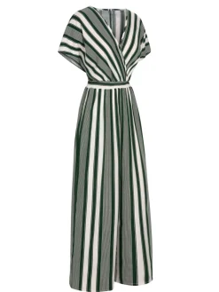 Sale Retro Stage 1970s V-Neck Contrast Stripes Jumpsuit