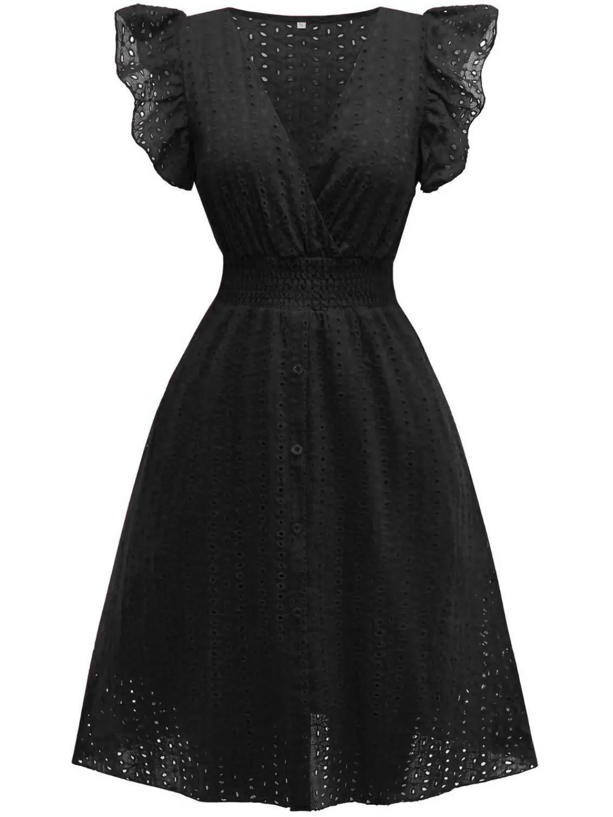 Clearance Retro Stage 1940s V-Neck Cutout Cotton Smocked Ruffled Dress