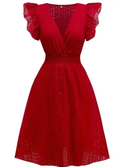 Clearance Retro Stage 1940s V-Neck Cutout Cotton Smocked Ruffled Dress