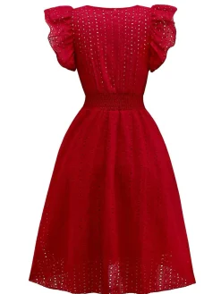 Clearance Retro Stage 1940s V-Neck Cutout Cotton Smocked Ruffled Dress