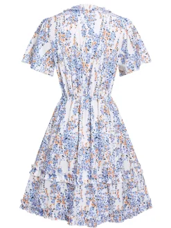 Fashion Retro Stage 1970s V-Neck Ditsy Floral Wrinkle Dress White