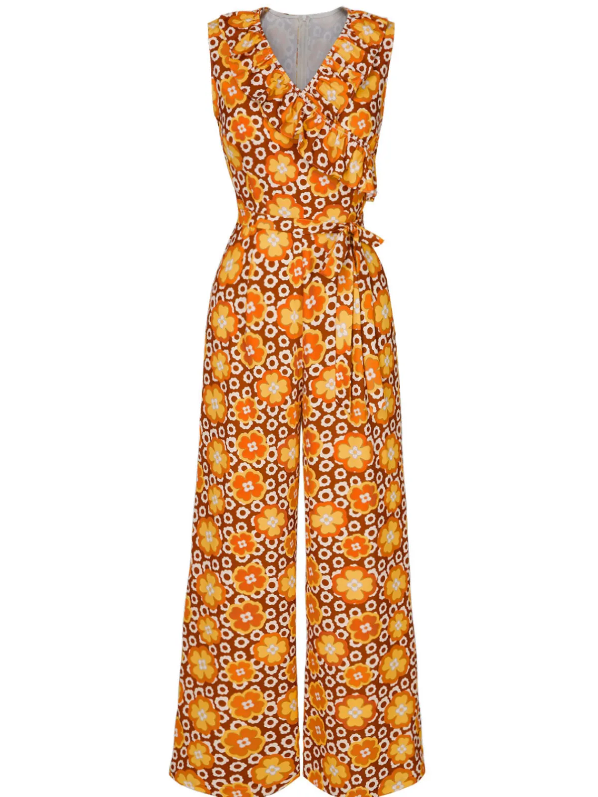 Outlet Retro Stage 1970s V-Neck Floral Belted Sleeveless Jumpsuit Orange