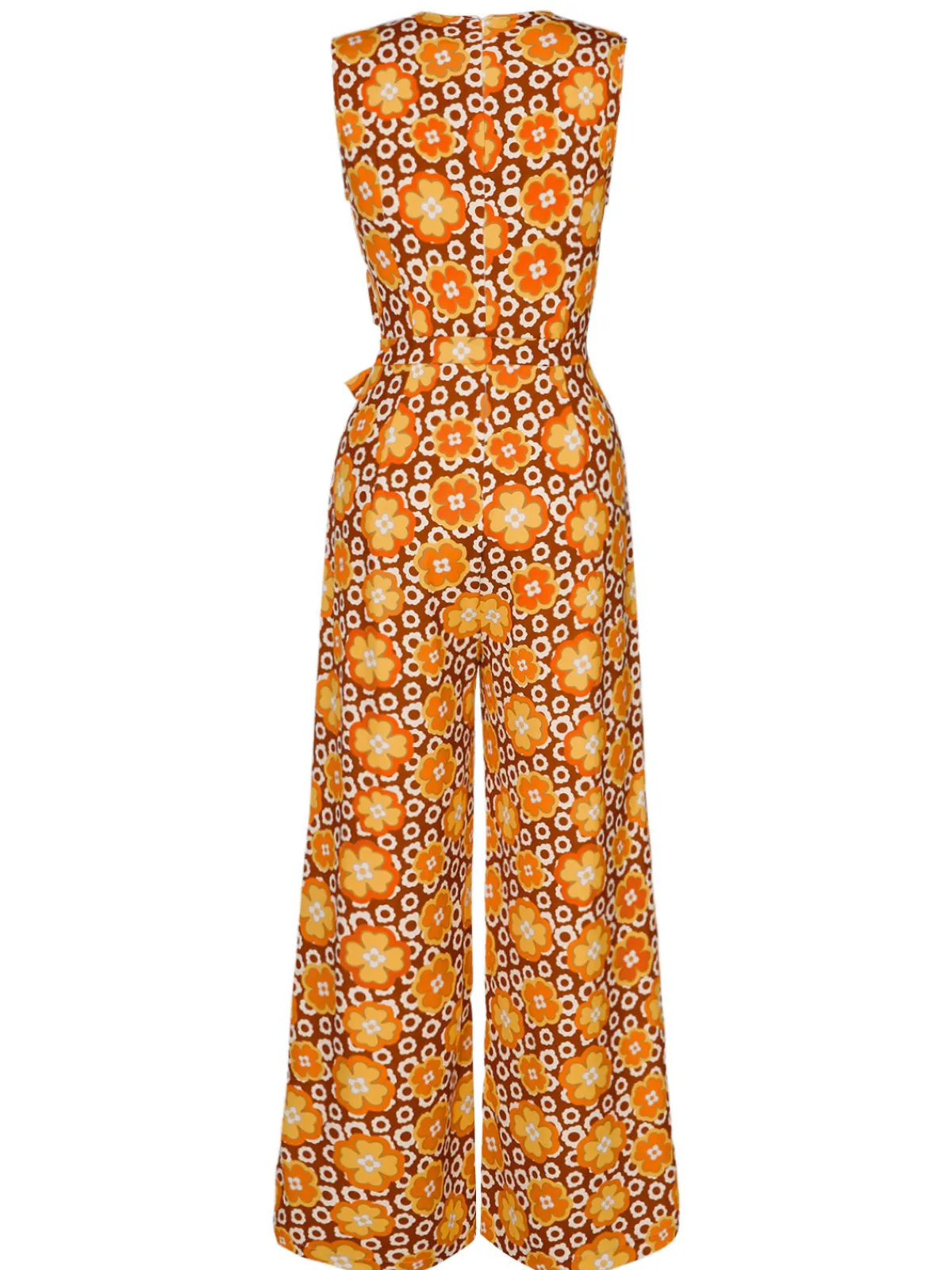 Outlet Retro Stage 1970s V-Neck Floral Belted Sleeveless Jumpsuit Orange