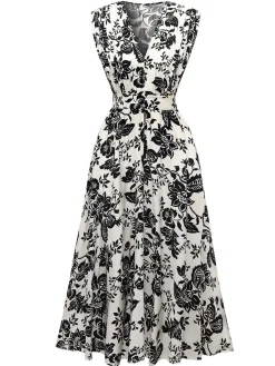 Clearance Retro Stage 1970s V-Neck Floral Cap Sleeve Midi Dress White