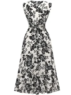 Clearance Retro Stage 1970s V-Neck Floral Cap Sleeve Midi Dress White
