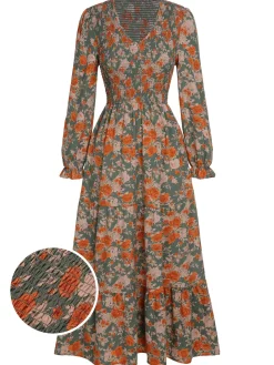 Hot Retro Stage 1940s V-Neck Floral Long-Sleeved Dress Multicolor