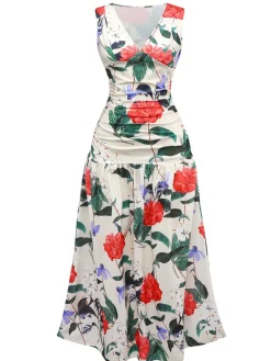 Sale Retro Stage 1940s V-Neck Floral Ruched Sleeveless Dress Multicolor