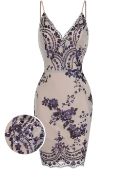 Outlet Retro Stage 1970s V-Neck Floral Sequined Straps Dress