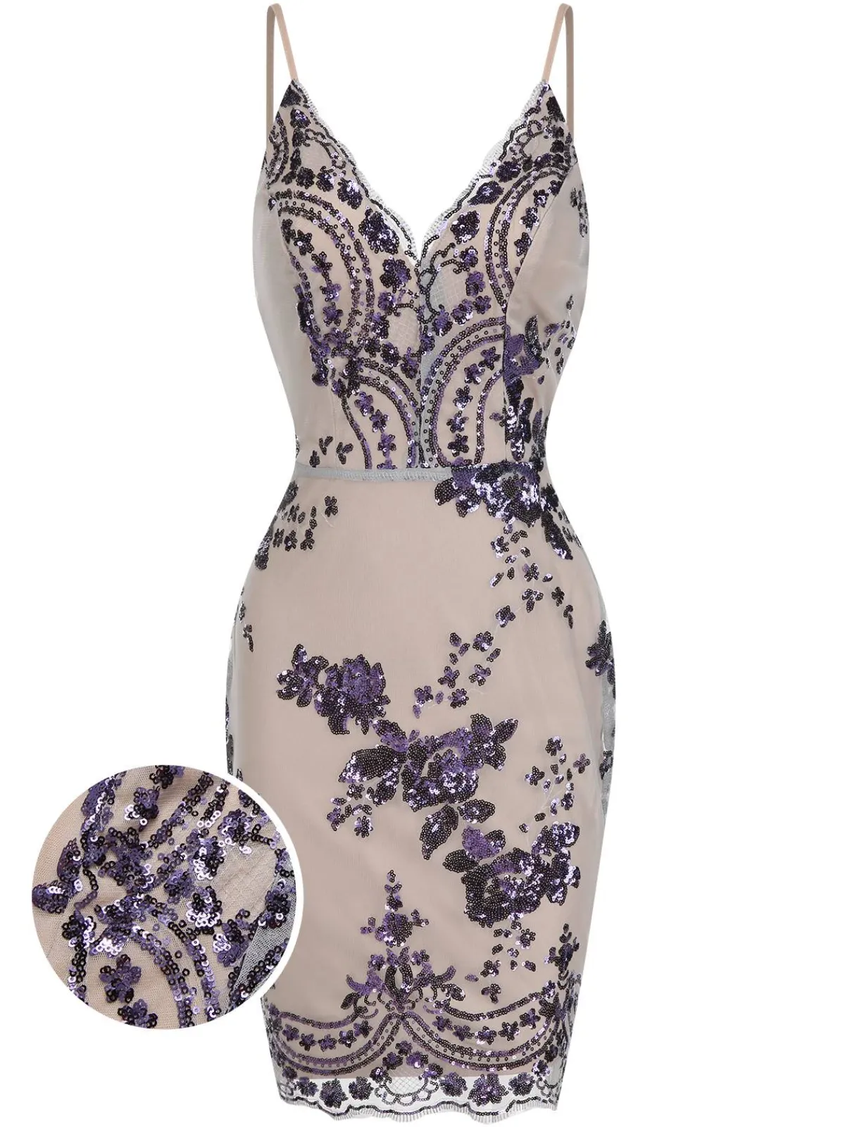 Outlet Retro Stage 1970s V-Neck Floral Sequined Straps Dress