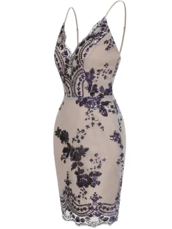 Outlet Retro Stage 1970s V-Neck Floral Sequined Straps Dress