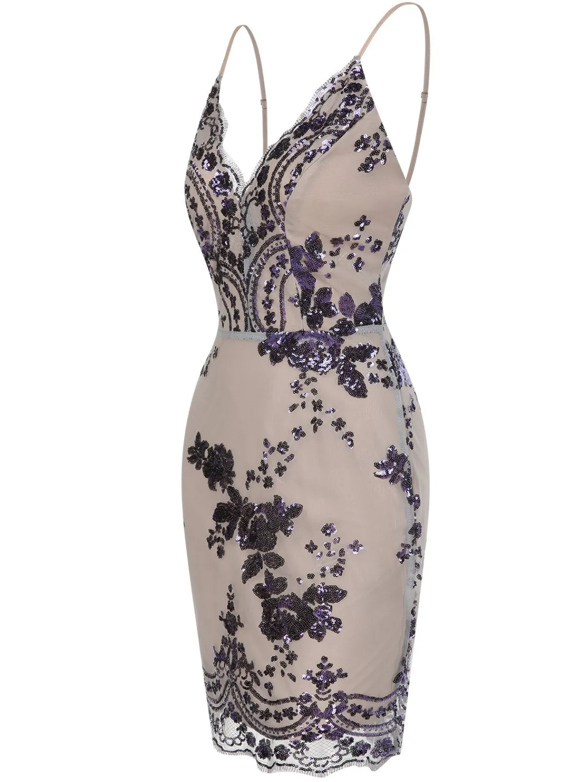 Outlet Retro Stage 1970s V-Neck Floral Sequined Straps Dress