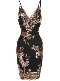 Outlet Retro Stage 1970s V-Neck Floral Sequined Straps Dress