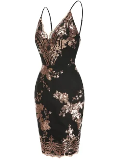 Outlet Retro Stage 1970s V-Neck Floral Sequined Straps Dress
