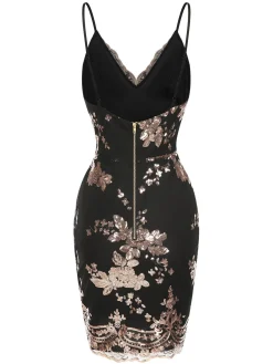 Outlet Retro Stage 1970s V-Neck Floral Sequined Straps Dress