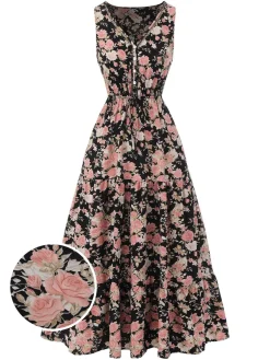 Online Retro Stage 1930s V-Neck Floral Sleeveless Dress