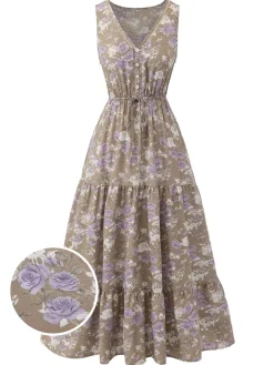 Online Retro Stage 1930s V-Neck Floral Sleeveless Dress