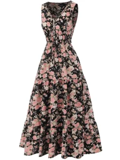 Online Retro Stage 1930s V-Neck Floral Sleeveless Dress