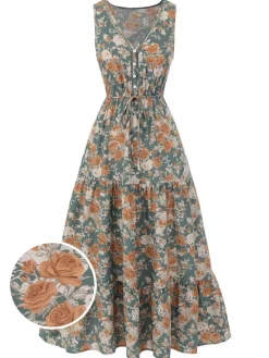 Online Retro Stage 1930s V-Neck Floral Sleeveless Dress
